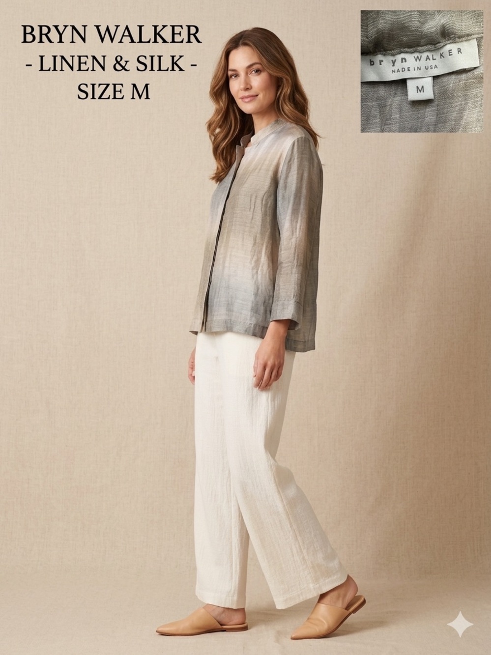 Bryn Walker Linen Silk Blend Ombre Button Down Shirt Top Size M